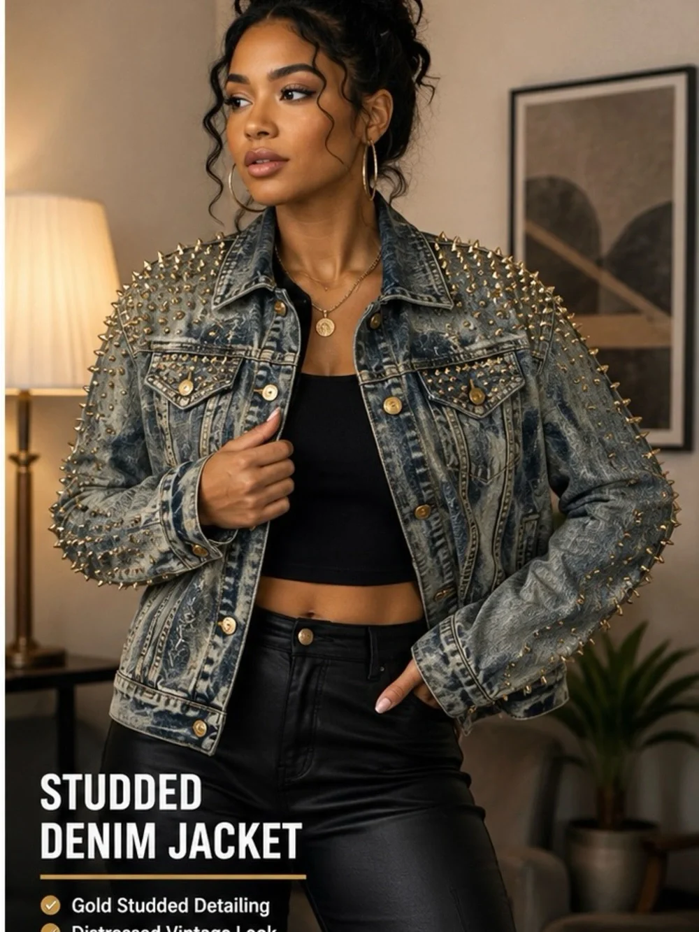 Gold-Studded Washed Denim Jacket - Men